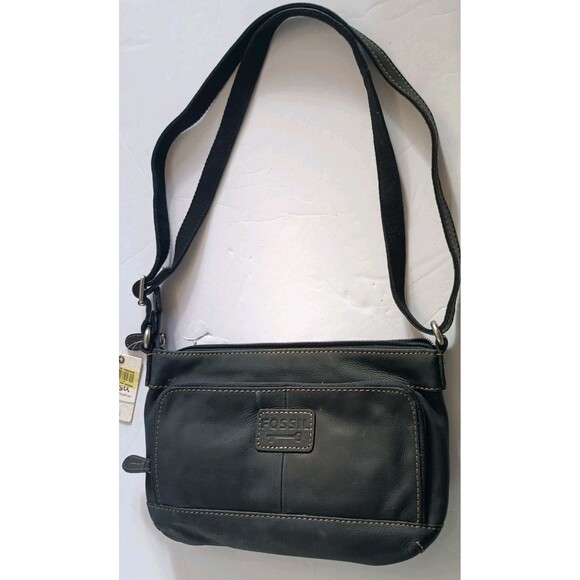 FOSSIL Leather Crossbody Bag Purse Black Crosstown Flap Shoulder Bag New Vintage - Picture 1 of 14